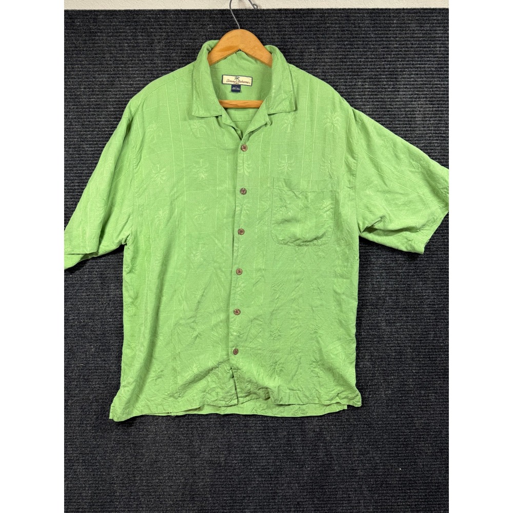 Tommy Bahama Mens Large 100% Silk Jacquard Palm Tree Camp Shirt Lime Green L